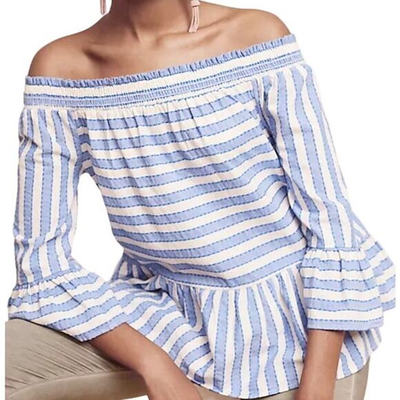 Anthropologie Maeve Striped Off The Shoulder Top Peplum Bell Sleeve Blue White S - Picture 1 of 6